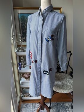 Blue Striped Long-Sleeve Patch Shirt Dress